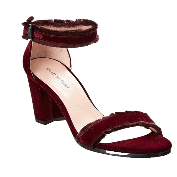 Stuart Weitzman Frayed Velvet Red Sandal Fringe Open Toe Heel Ankle Strap 9 M - Picture 1 of 9